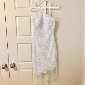 Emerald Sundae fringe, lace flapper dress, white S